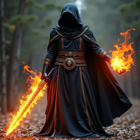 a dark hooded spirit in full-body black cloth attire, with golden piping along the borders of the cloth. The cloth has open sections at the hands and belly. From these openings, fire blazes from the spirit's hands and belly. The figure should stand tall wi...