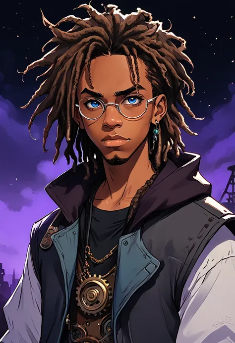 (masterpiece, top quality, best quality,official art, beautiful and aesthetic:1.2),anime drawing of an dark skin person with a black dreadlocks and a white shirt, wearing black hoodie with an gears logo on it, steampunk clothing, vest, steampunk googles on...