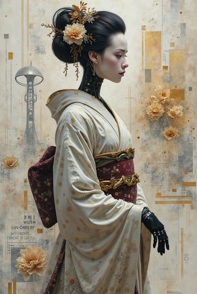 In the style of Thomas Moran, Pascal Campion, Greg Craola SimKins and Paul Klee, 1girl, woman Geisha is an android, complex background, small details, acrylic on canvas, abstract scrapbook, greyscale pencil sketch with golden highlights.