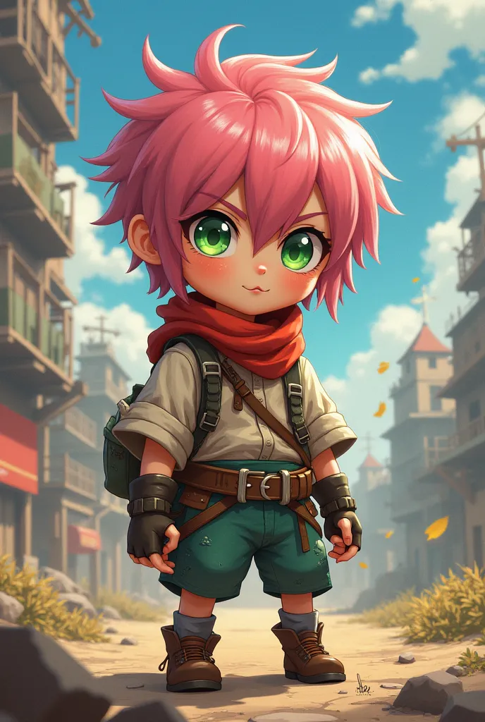 A little anime fighter with short pink hair, green eyes, white skin and dirty clothes