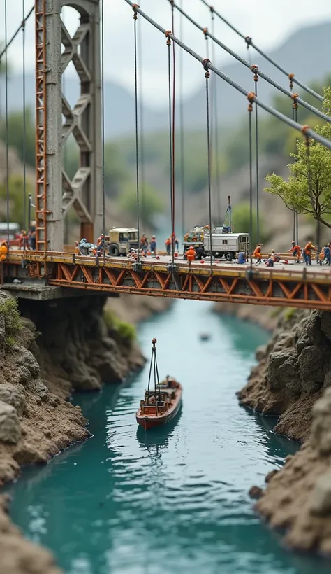 A realistic miniature scene of workers building a suspension bridge over a river. Tiny workers adjust steel cables while engineers inspect the foundations. Mini cranes lift concrete blocks, and boats pass below. The water reflects the bridge structure, cre...