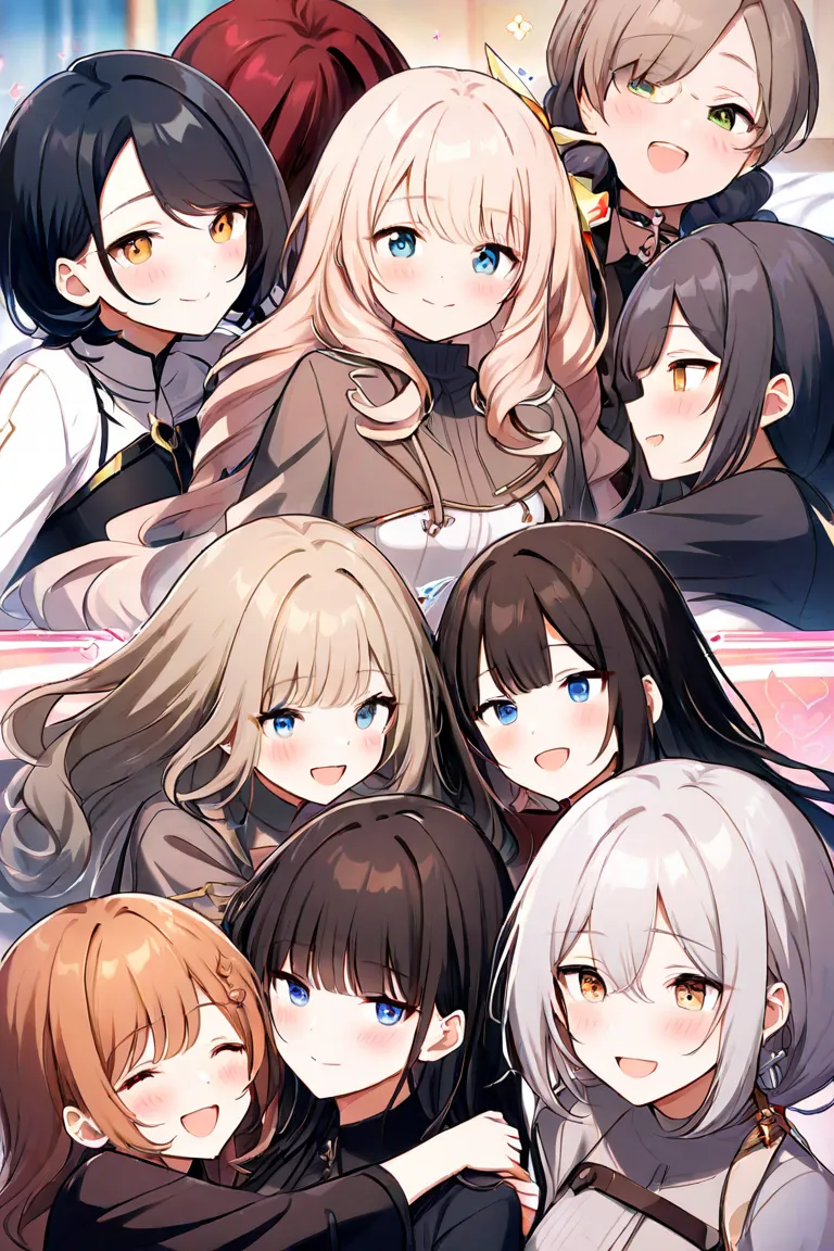  girls on the left２people、（（ character for V21（ light beige hair、 shoulder length、The tips of the hair curl inward））、（ character for V2２（long black hair、Sophisticated and neat face）））、so close that our breaths seem to touch each other、In silence 、a slight ...