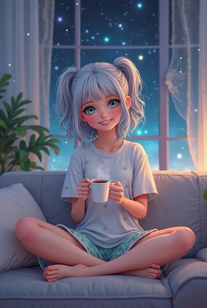 A cheerful young woman with shoulder-length, shimmering silver hair styled in two playful ponytails with soft waves, wearing cozy pastel-blue pajama shorts and a loose, oversized white t-shirt with a delicate star pattern. She’s sitting cross-legged on a p...