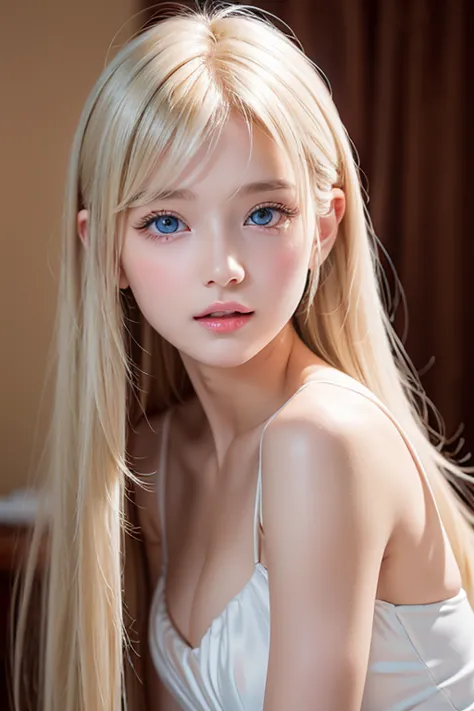  blond hair hanging over her very beautiful face 、beautiful very bright pale white mint baby ice blue eyes hidden in the hair、white glossy skin 、 beautiful super long shiny silky blonde hair 、Beautiful Bangs、first time々 very beautiful 18 year old very beau...