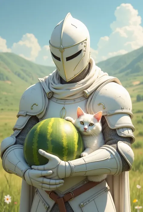 Anonymous gentleman in white armor carrying a cute white cat and melon 