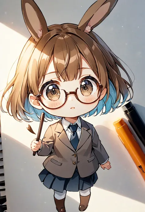 A highly detailed Dreamy fantasy anime-style illustration of Chibi-Style, vivid Copic marker anime illustration, maintains a 3:1 head-to-body ratio, (intelligent and friendly (cute immature girl:1.3), (short wavy bob haircut with soft layers:1.3), (chestnu...