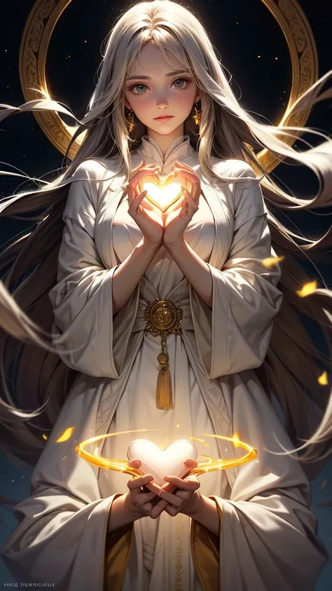 A beautiful woman dressed in a flowing white robe resembling Christian attire, with a serene and gentle expression. She holds a glowing heart delicately in her hands, radiating warmth and love. Her long hair flows softly around her shoulders, and a golden ...