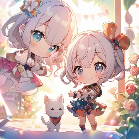 masterpiece, best quality, 4k、((2D illustration))、one beautiful girl、(((chibi style)))、solo、((cute chibi)), ((lens flare))、((sunbeam)), ((white light)), ((colorful))、((warm colors))、((long beautiful hair)), glossy light white hair, gradient hair color, hai...