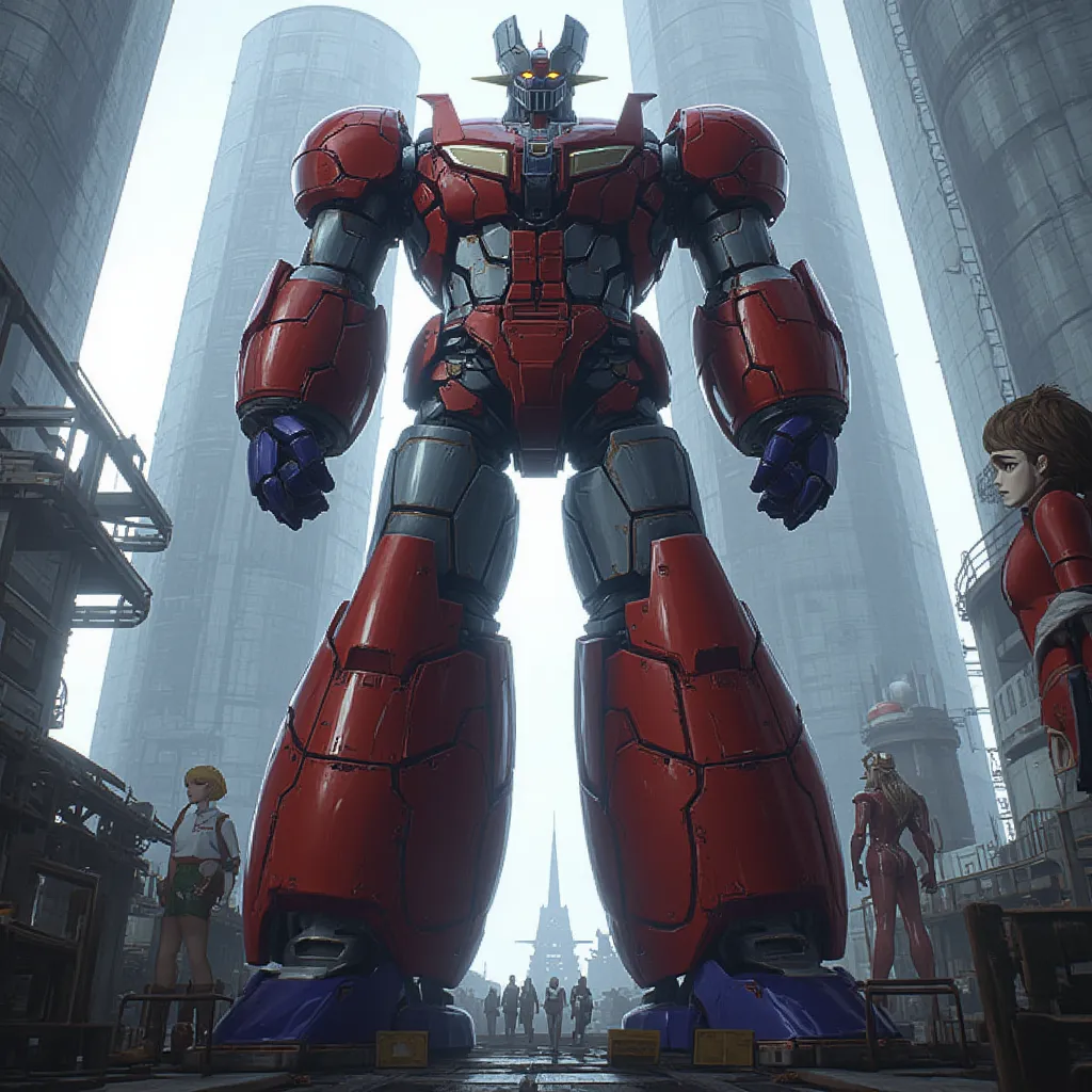   remodeled Mazinger Z  ,   is 100 meters tall .   steel  ,    Carbon Fiber   ,    Other industrial elements are also visible   ,   just like the real thing   ,    The top of a high-rise tower that emits high light is constructed with modern materials such...