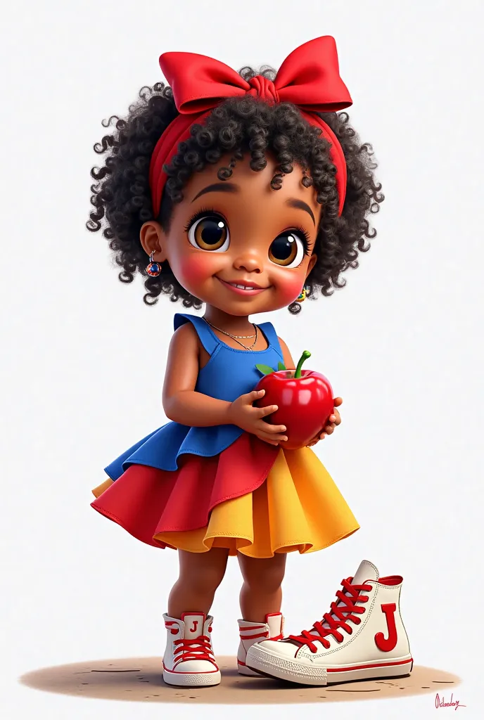 A  baby, with big brown eyes and backgrounds, with curly black hair, dressed in a dress in the colors red, Royal blue and yellow , with a red headband with a large bow and beads, holding an apple and sidewalk with a white ALL star with the red lace with th...