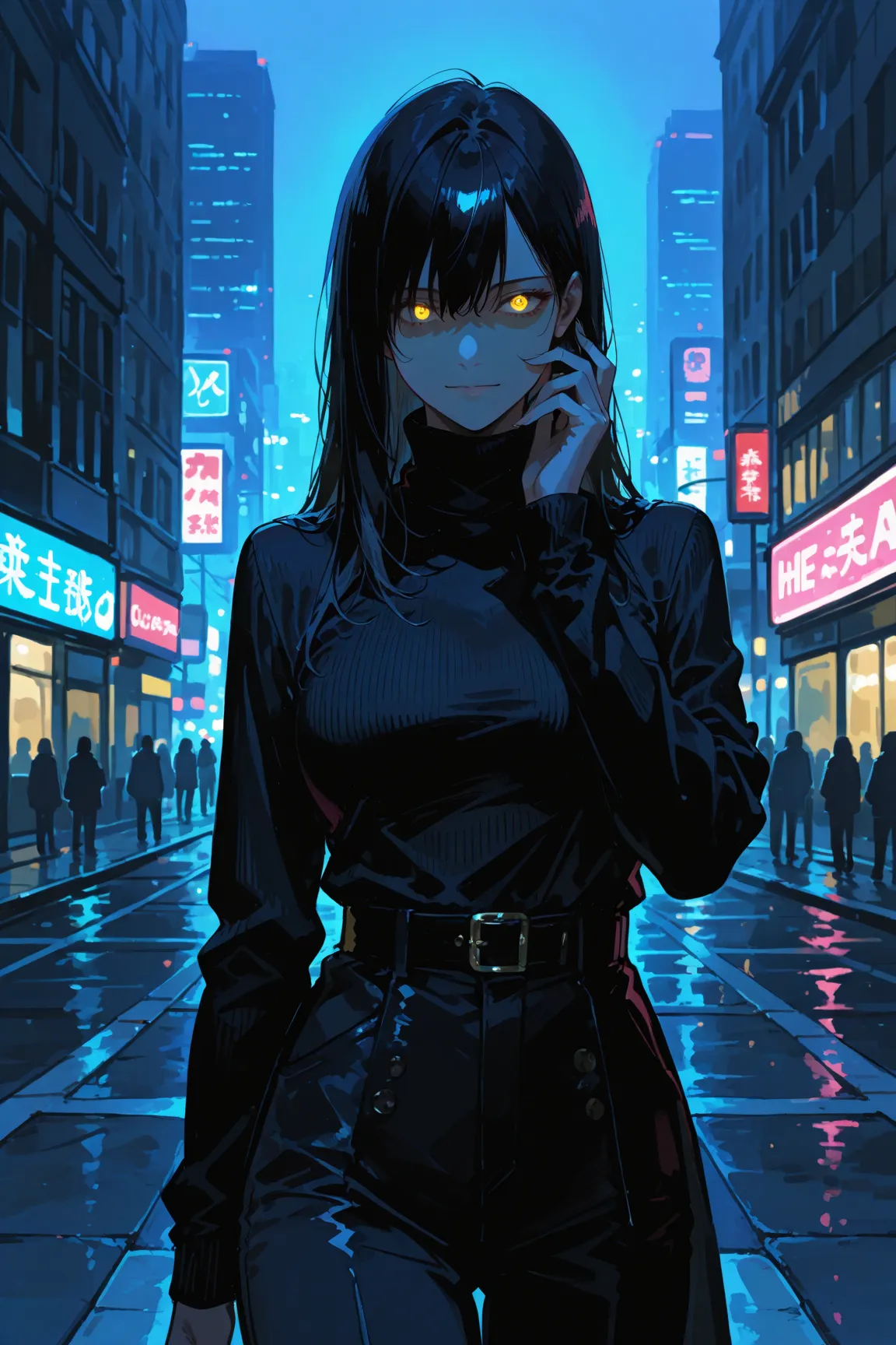 A stylish young man with messy black hair, wearing a sleek black turtleneck, standing in front of a cityscape at night. His face is partially covered by his hair, and he has a slightly mysterious, confident expression. The background is filled with glowing...