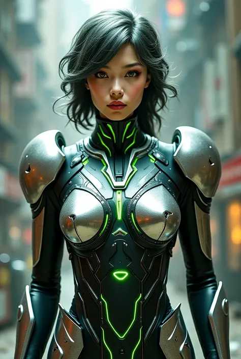 NovaForge, the superhero embodiment of Nihonium, stands tall in a futuristic, high-tech armor inspired by traditional Japanese designs. The armor's surface shifts and flows like a liquid metal, reflecting hues of silver, black, and neon green. Her eyes glo...