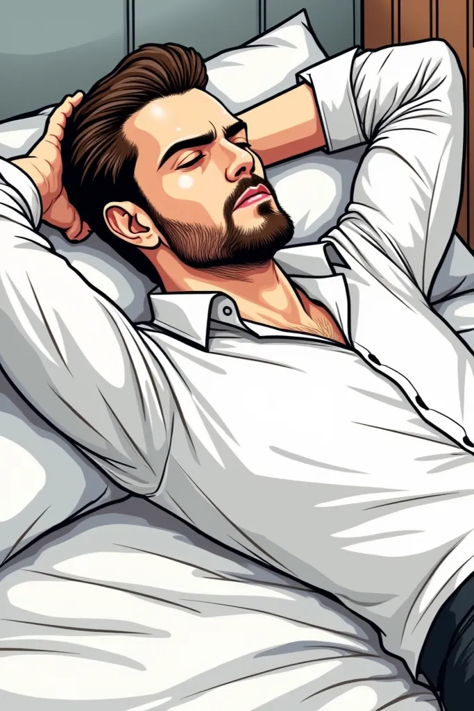 Hot handsome vampire with short brown hair and beard relaxing on bad wearing white shirt his head behind his head colored line art clean 