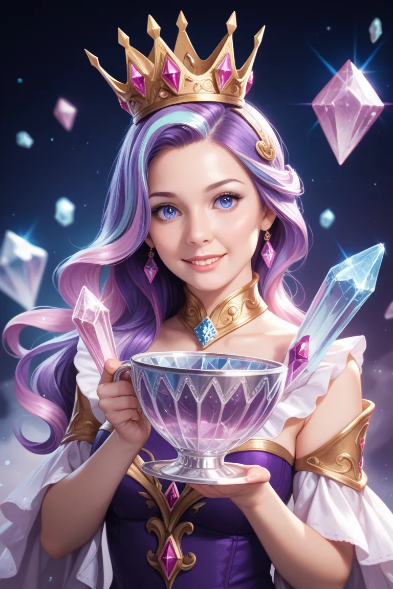 Cute purple dragon with sparkling eyes, wearing an exquisite crown, holding a clear rainbow cup of water.