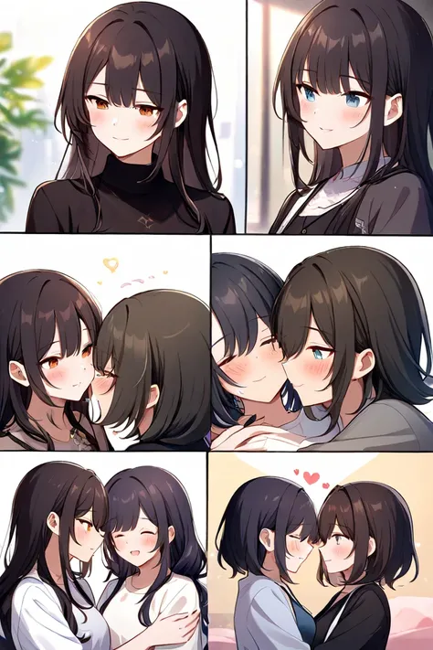  girls on the left２people（（ character for V21（ light beige hair、 shoulder length、The tips of the hair curl inward））、（ character for V2２（long black hair、Sophisticated and neat face）））、so close that our breaths seem to touch each other、In silence 、a slight s...