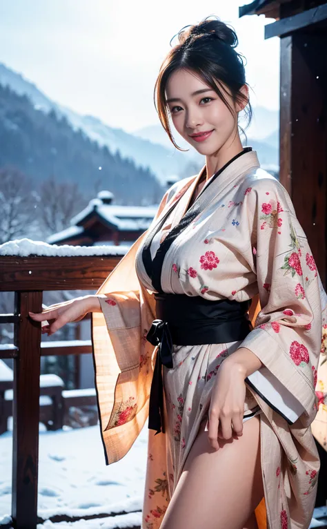 full body, 1girl ,Standing Inn,warm smile(Perfect Body,Tall and thin),alone,( Outdoor:1),Sky,  Focus on Face  ,watching the audience,Beautiful face,Delicate Exquisite Young Face,Very Wet Skin,(bun hair, Floral Pattern Kimono,  color, Funny Sexy Lingerie),(...