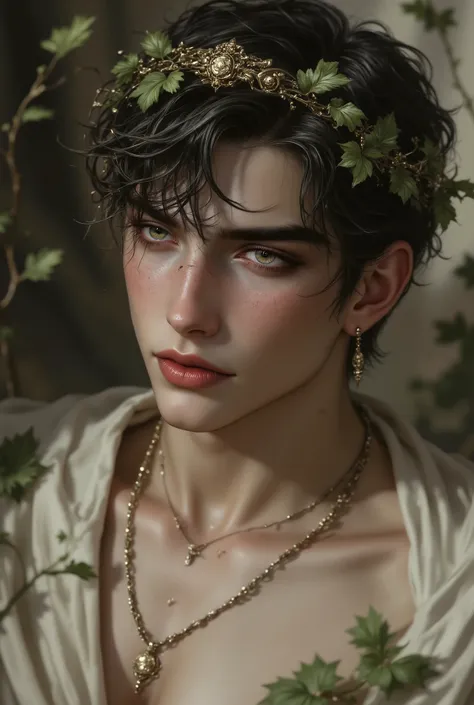 Antinous. The most beautiful boy Who is fair wears grapevine wreathes in hair, brown hair, blue doe eyes and clean shaved, young, semi nude.