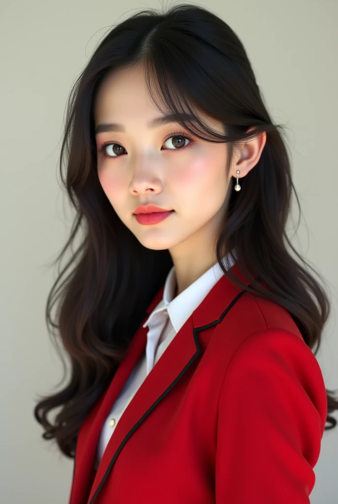 A beautiful girl wearing the red and black college uniform