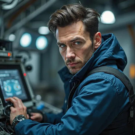 dark-haired, blue-eyed, angular-faced, charismatic, handsome, muscular-built American man with a tough temperament. He wears a robotics engineer uniform. tests technological equipment. cinematic science fiction poster.