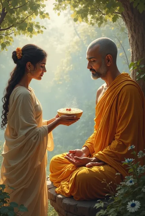 A woman is offering a bowl of kheer to Mahatma Buddha. Ensure that the images are realistic.

