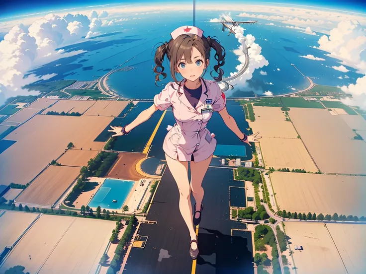 (flying, in the sky, flying with a mat、full body:1.5), looking at sky, break ,(medium breasts:1.3),Sunazuka Akira, (short hair, twintails:1.5), (skinny legs:1.0), break,(from sky:1.3), (nurse:1.5)