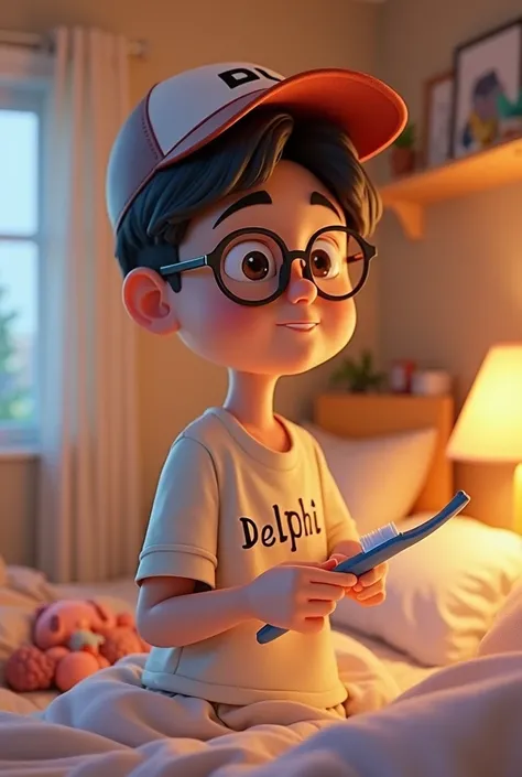 Coal style,3d cartoon doll  , korean guy 25 years old, Wearing glasses , with a baseball cap, on his shirt there is a writing "Delphi" ,  Toothbrush, getting ready for bed