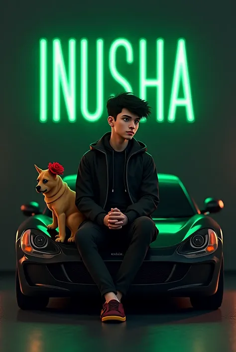 Create a 3D ilustration for a profile picture where a  smart boy in black jacket sitting on a lambogini car.With a rose flower on hand.And a rotwiller dog by my side He looks ahead.The Background features "INUSHA" in big and capital green neon ligth fonts ...