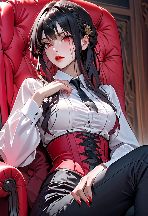 Yor Briar from Spy X Family, 1girl, solo, body shot, sitting straight in a padded red chair, dressed with a white shirt long black pants with a waist corset with black lacing and a long black tie, red eyes, red lips, parted lips, black slightly disheveled ...