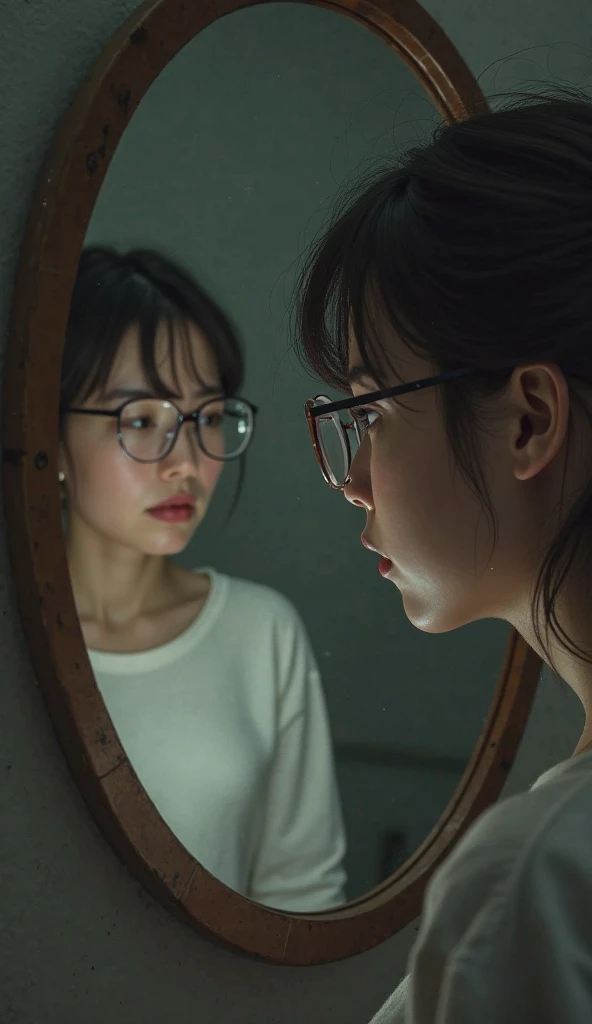 Looking into the mirror from a distant angle is a young, overweight 22-year-old girl with glasses, around 1.70 cm tall, with brunette hair and hazel eyes. He will look weak in the mirror.