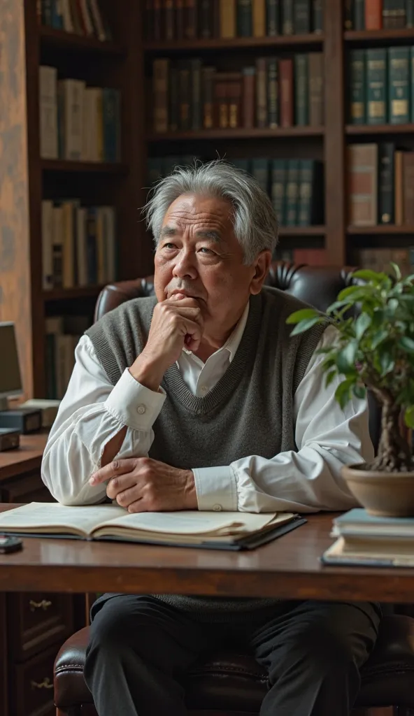 a middle-aged Vietnamese man with a gentle and wise face, is sitting in his office, surrounded by books and business papers.