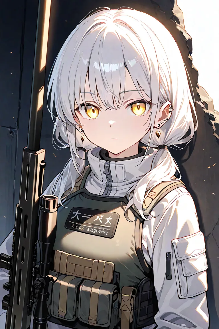  girls on the left、Combat Uniform、青と白のCombat Uniformを着てる、 sniper rifle 、cool、cool、 expressionless、 Silver Hair、 golden eyes、Earrings、 hair is long、Are they wearing low half-twin tails