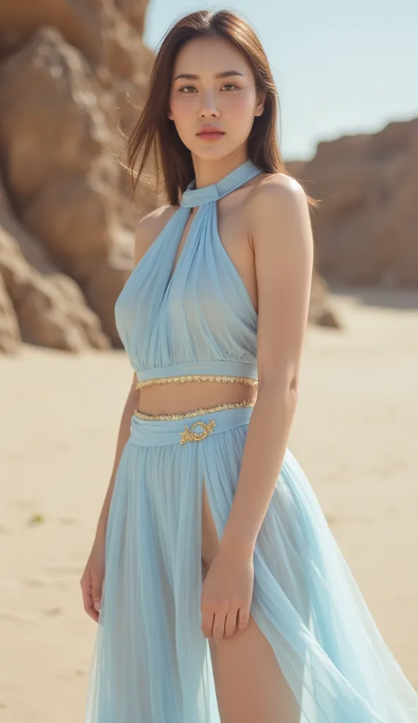 A model poses confidently on a sandy landscape, wearing a light blue bikini-style outfit adorned with golden accents. The two-piece design features a halter top and a flowing sheer skirt that drapes down, accentuating her figure. She stands with one leg sl...