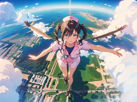 (flying, in the sky, flying with a mat、full body:1.5), looking at sky, break ,(medium breasts:1.3),Sunazuka Akira, (short hair, twintails:1.5), (skinny legs:1.0), break,(from sky:1.3), (nurse:1.5)