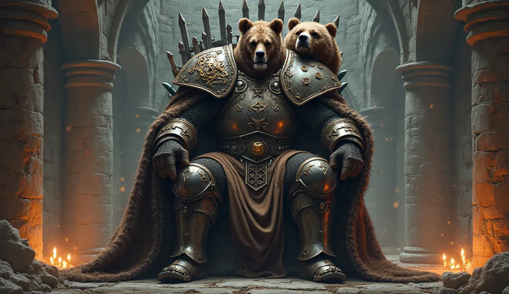 A full armored knight wearing a bear skin cloak with a bear head on the shoulder, sitting on a throne made of swords in a dark stone castle