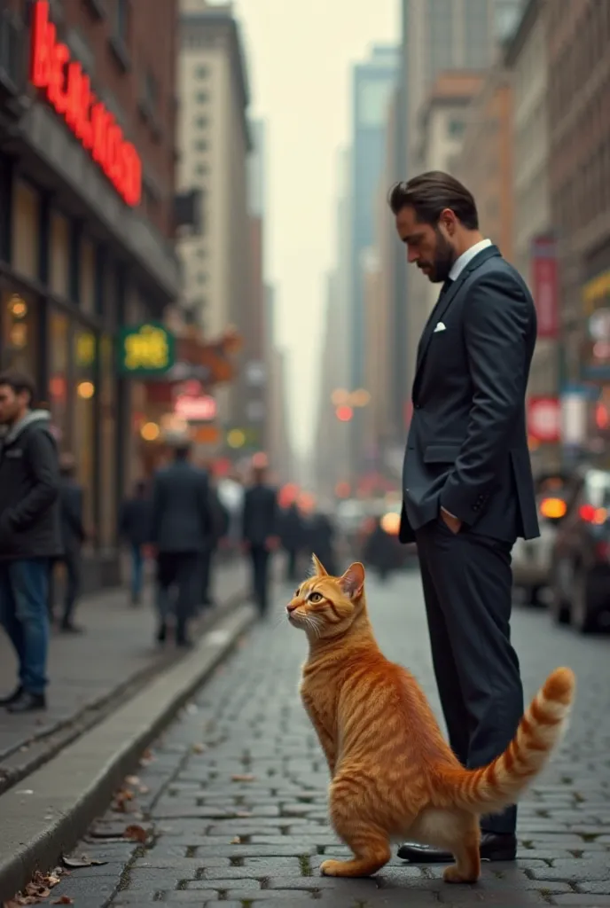 The orange cat meets a wealthier owner, a sleek-looking businessman who offers gourmet treats and a luxurious bed. The cat’s eyes widen with temptation.