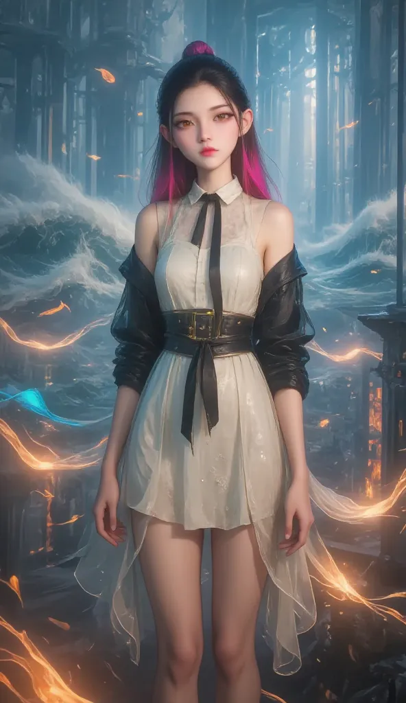 Crane girl， masterpiece, best quality,  amazing quality , is very beautiful,  high resolution ,  latest,  Super Fine ,  realism, 1 Girl,  \(roaring waves\), pink hair, Two-tone hair, Flame arm  , Red arm , white dress,  Black Jacket , Detailed Eyes,  round...