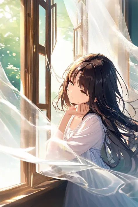 Young girl in a silk nightgown sitting in front of the window. The wind comes through the window plunging the curtains and her long hair. Thinking and taciturn expression