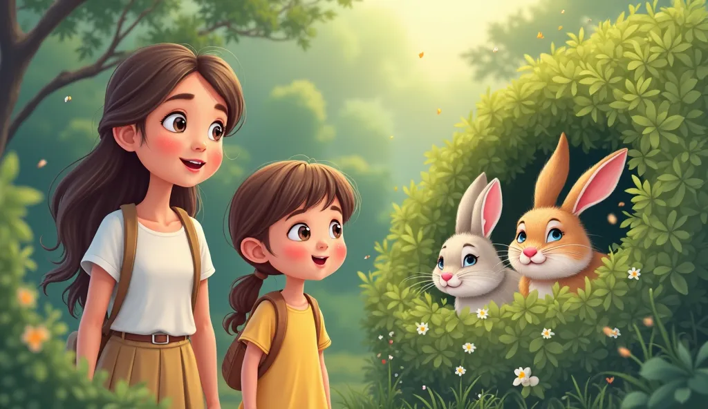 The girl (little) and her mom,dad heard a soft rustling in the bushes. Curious, they discovered a family of rabbits peeking out at them.(cartoon image)