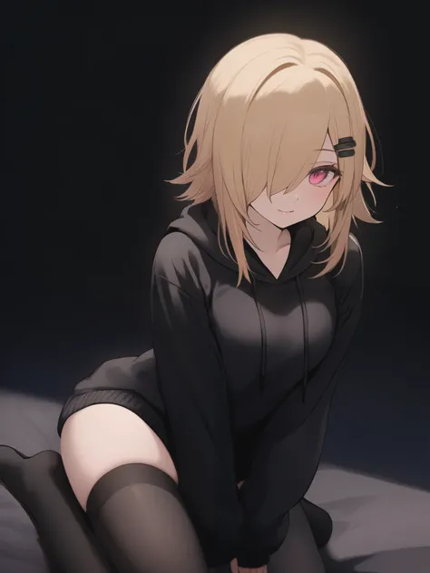 1 femboy, solo ,adult, tall ,blonde hair and pink eyes, black background , seductive smile, wearing a over-sized cute hoodie,heir clip, emotionless eyes, only 1 femboy, sitting cutely, , focus on face, blackcolour background, wearing tight black stockings ...