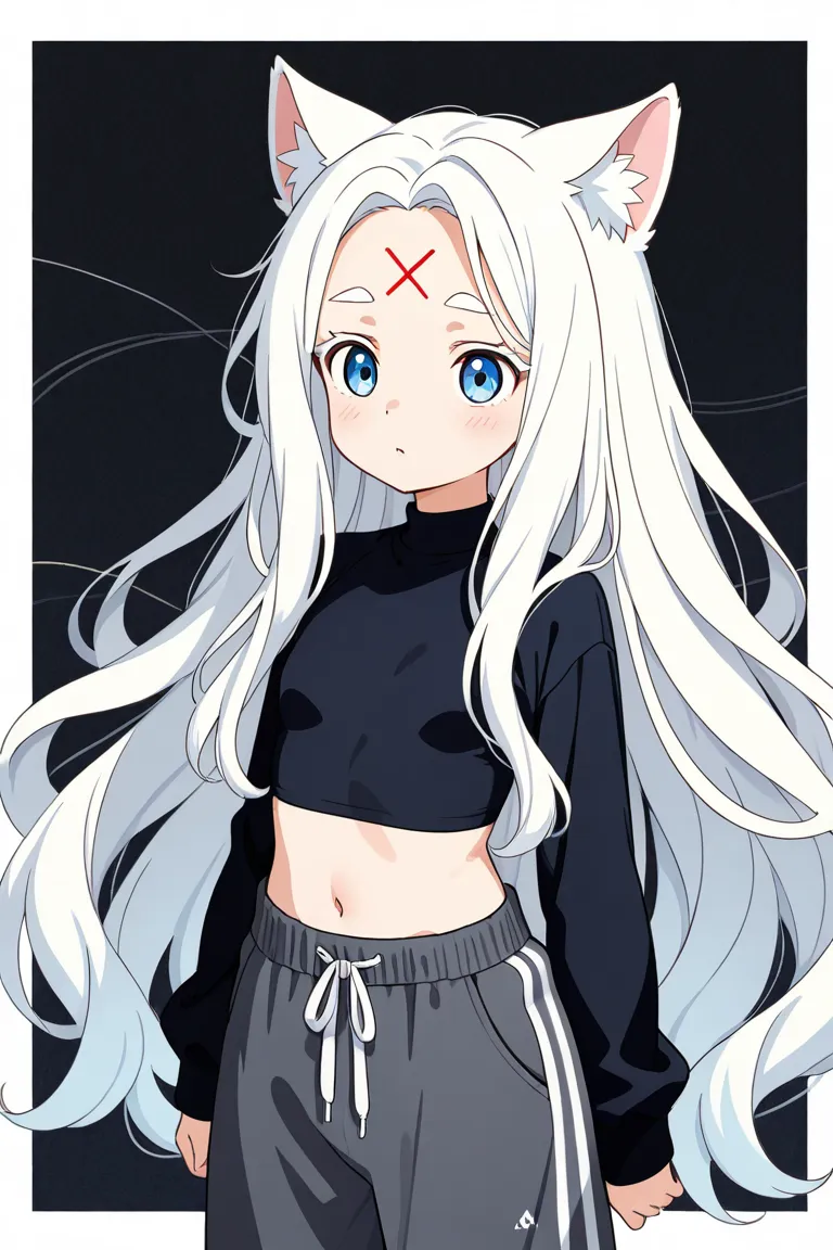 The picture shows a full-length cat girl in anime style. girl with long white flowing hair,open-forehead ,  white eyebrows ,  Blue eyes ;  in a very short tight black top and loose sweatpants of the same color.