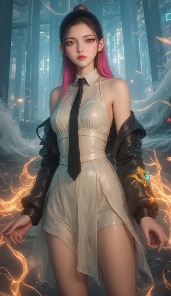 Crane girl， masterpiece, best quality,  amazing quality , is very beautiful,  high resolution ,  latest,  Super Fine ,  realism, 1 Girl,  \(roaring waves\), pink hair, Two-tone hair, Flame arm  , Red arm , white dress,  Black Jacket , Detailed Eyes,  round...