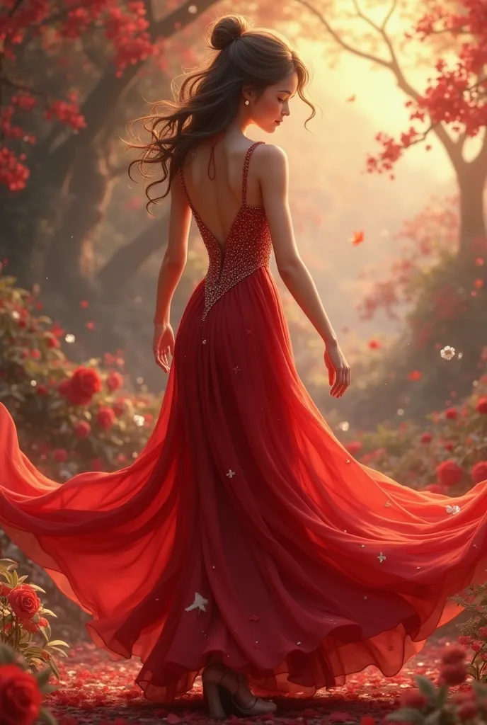 A red dress with a back strap and an animation drawing 