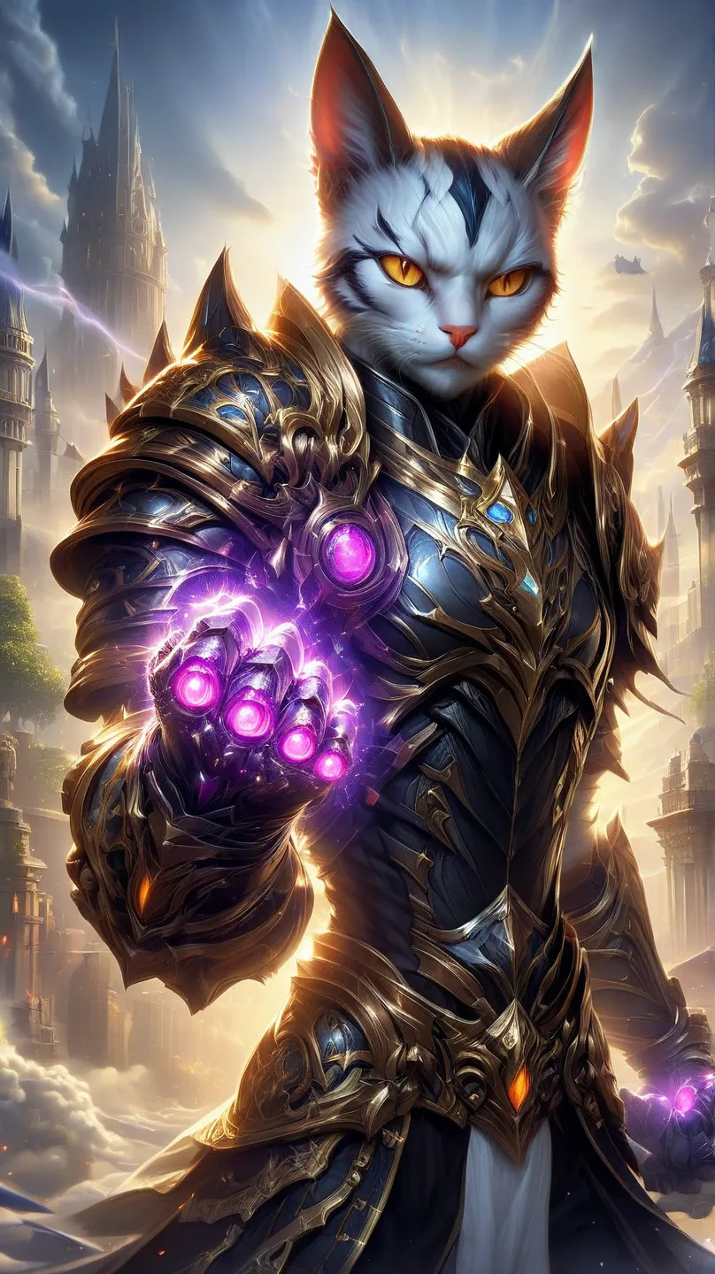 cat knight with glowing eyes, fist gauntlets, (anthropomorphic cat), angry, dynamic pose, Movie Still, cover art, vertical symmetry, (masterpiece, best quality, perfect composition, very aesthetic, absurdres, ultra-detailed, intricate details, Professional...