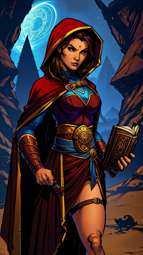 A monk, witch, ninja, thief canon by the Grimm brothers' book little red riding hood, as an D&D RPG warrior, adult; character creation design image. Egyptian girl, brown-haired with blue lights, dark-brown eyes