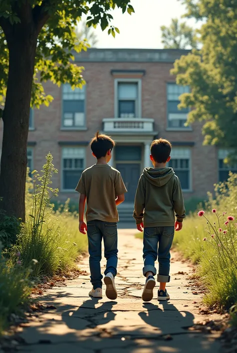 2 boys walking near the old school building