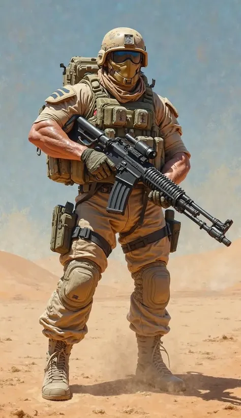 ((Hyperrealistic))((Photorealistic)) Solider in full gear with a heavy machinegun, sand masking colors, background is a desert battle field. 