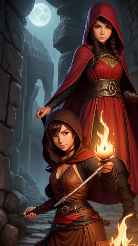 A monk, witch, ninja, thief canon by the Grimm brothers' book little red riding hood, as an D&D RPG warrior, adult; character creation design image. Egyptian girl, brown-haired with blue lights, dark-brown eyes