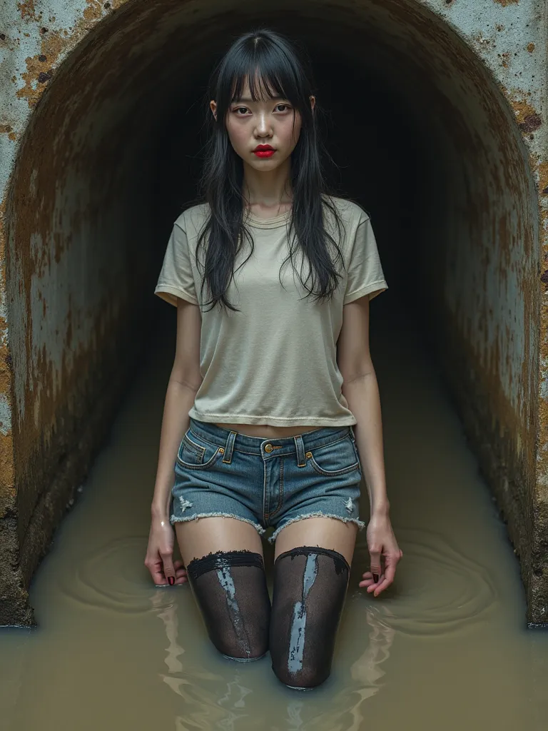 masterpiece, sensation:1.0, attention-grabbing:1.2, void background, -age japanese girl,t-shirt, black latex stockings, cut-off jeans shorts, mud bog sinking, void background, red lips, inside waste water pipe