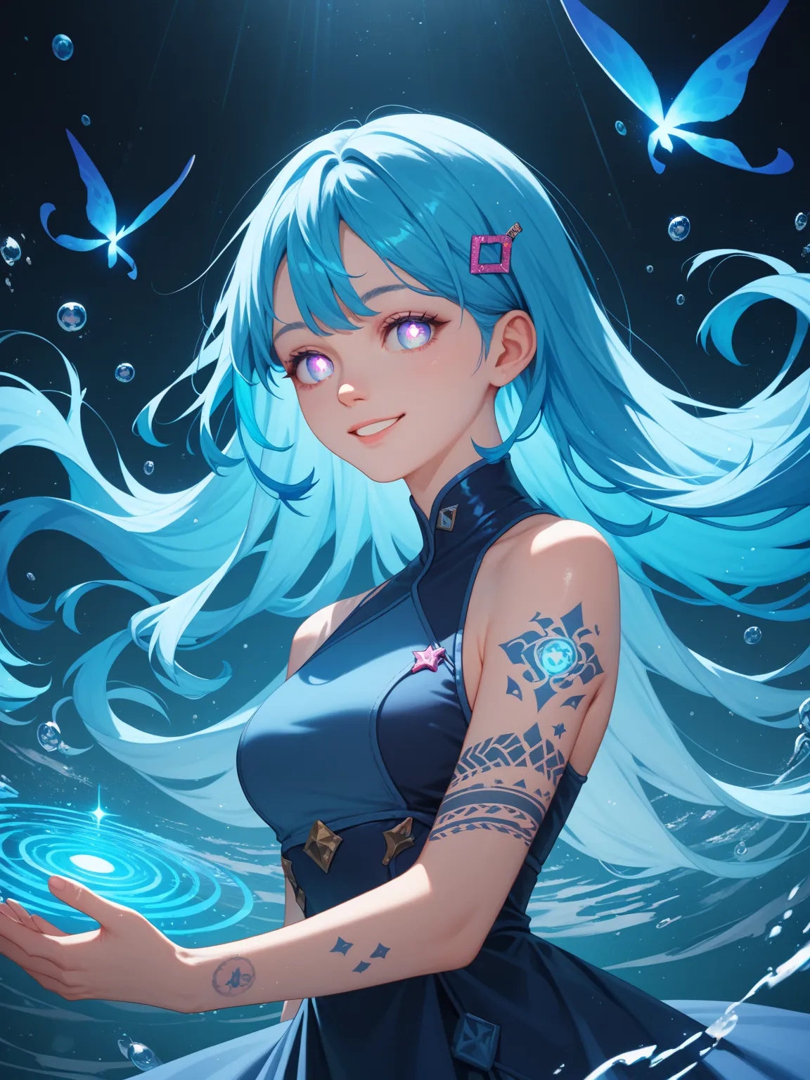  1girl ,  long hair, medium long hair, Double-colored hair,  Aqua Blue Hair ,  purple pupil, hairpin, Floating Water, particle ,  tattoo on arm,   Glowing Tattoo  , glowing pupils, Smile, ,
,masterpiece, Best Quality, Amazing quality ,