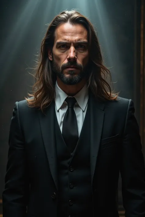 "Portrait of a mysterious man with long straight brown hair, light beard and an intense expression. He wears an elegant black suit with a vest, tie and white shirt , conveying a sophisticated and dangerous air. His serious and confident look adds an enigma...